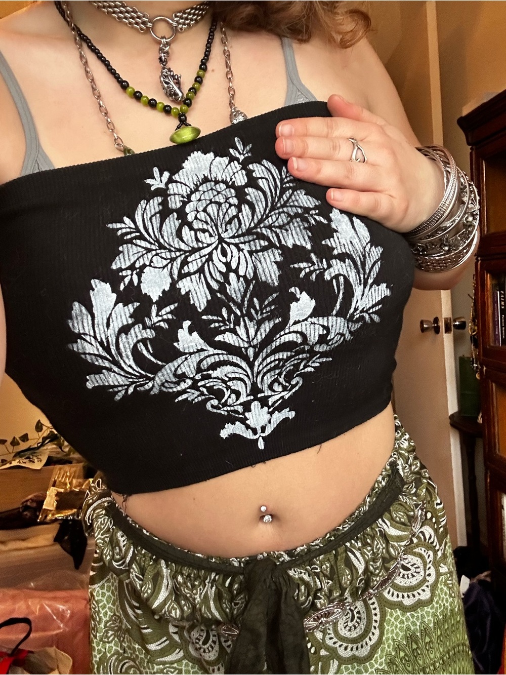 Black Strapless Crop Top with Silver Floral Motif - Women's